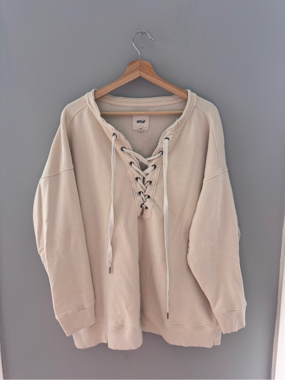 Aerie Lace-Up Cream Oversized Flowy Crew Sweatshirt sz L